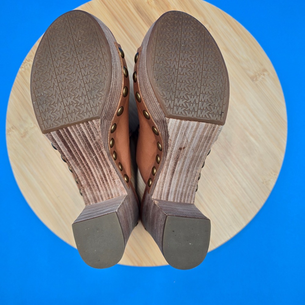 Michael Kors Woven Leather Studded Platform Clog Mules Tan Brown 7.5M PW16C - Picture 7 of 8
